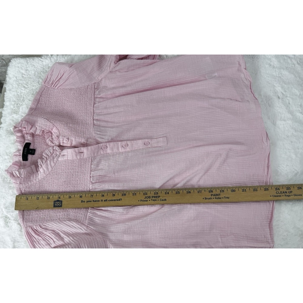 J. Crew Blouse 1/2 Button Popover Pink Ruffle Smocked Crinkle Gauze Size Medium - Picture 10 of 14